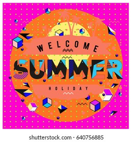 Trendy vector summer cards illustration with elements and abstract colorful textures. Design for holiday vacation poster, card, brochure, and promotion template. Fashion art print and background