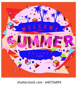 Trendy vector summer cards illustration with elements and abstract colorful textures. Design for holiday vacation poster, card, brochure, and promotion template. Fashion art print and background
