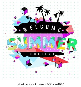 Trendy vector summer cards illustration with elements and abstract colorful textures. Design for holiday vacation poster, card, brochure, and promotion template. Fashion art print and background