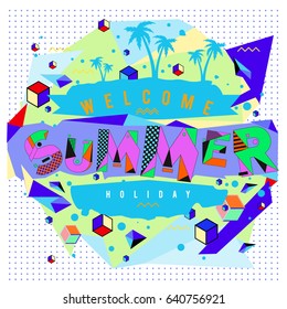 Trendy vector summer cards illustration with elements and abstract colorful textures. Design for holiday vacation poster, card, brochure, and promotion template. Fashion art print and background
