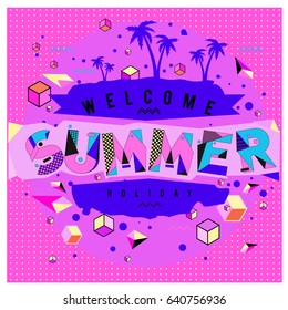 Trendy vector summer cards illustration with elements and abstract colorful textures. Design for holiday vacation poster, card, brochure, and promotion template. Fashion art print and background
