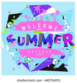 Trendy vector summer cards illustration with elements and abstract colorful textures. Design for holiday vacation poster, card, brochure, and promotion template. Fashion art print and background