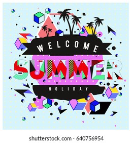 Trendy vector summer cards illustration with elements and abstract colorful textures. Design for holiday vacation poster, card, brochure, and promotion template. Fashion art print and background