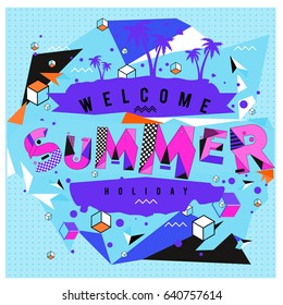 Trendy vector summer cards illustration with elements and abstract colorful textures. Design for holiday vacation poster, card, brochure, and promotion template. Fashion art print and background.