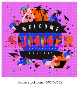 Trendy vector summer cards illustration with elements and abstract colorful textures. Design for holiday vacation poster, card, brochure, and promotion template. Fashion art print and background.