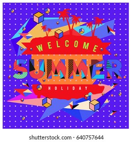 Trendy vector summer cards illustration with elements and abstract colorful textures. Design for holiday vacation poster, card, brochure, and promotion template. Fashion art print and background.