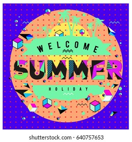 Trendy vector summer cards illustration with elements and abstract colorful textures. Design for holiday vacation poster, card, brochure, and promotion template. Fashion art print and background.