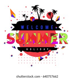 Trendy vector summer cards illustration with elements and abstract colorful textures. Design for holiday vacation poster, card, brochure, and promotion template. Fashion art print and background.