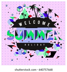 Trendy vector summer cards illustration with elements and abstract colorful textures. Design for holiday vacation poster, card, brochure, and promotion template. Fashion art print and background.