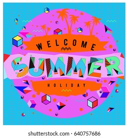 Trendy vector summer cards illustration with elements and abstract colorful textures. Design for holiday vacation poster, card, brochure, and promotion template. Fashion art print and background.