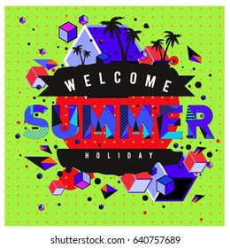 Trendy vector summer cards illustration with elements and abstract colorful textures. Design for holiday vacation poster, card, brochure, and promotion template. Fashion art print and background.