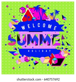 Trendy vector summer cards illustration with elements and abstract colorful textures. Design for holiday vacation poster, card, brochure, and promotion template. Fashion art print and background.