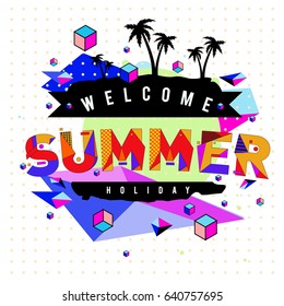 Trendy vector summer cards illustration with elements and abstract colorful textures. Design for holiday vacation poster, card, brochure, and promotion template. Fashion art print and background.
