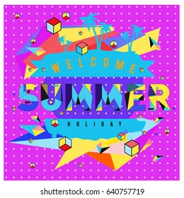 Trendy vector summer cards illustration with elements and abstract colorful textures. Design for holiday vacation poster, card, brochure, and promotion template. Fashion art print and background.