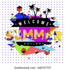 Trendy vector summer cards illustration with elements and abstract colorful textures. Design for holiday vacation poster, card, brochure, and promotion template. Fashion art print and background.