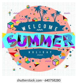 Trendy vector summer cards illustration with elements and abstract colorful textures. Design for holiday vacation poster, card, brochure, and promotion template. Fashion art print and background.
