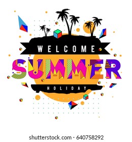 Trendy vector summer cards illustration with elements and abstract colorful textures. Design for holiday vacation poster, card, brochure, and promotion template. Fashion art print and background.
