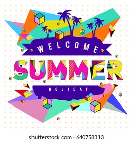 Trendy vector summer cards illustration with elements and abstract colorful textures. Design for holiday vacation poster, card, brochure, and promotion template. Fashion art print and background.