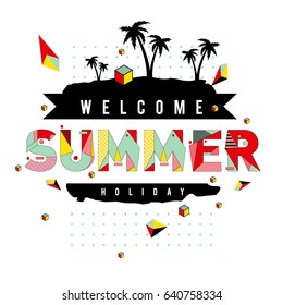 Trendy vector summer cards illustration with elements and abstract colorful textures. Design for holiday vacation poster, card, brochure, and promotion template. Fashion art print and background.