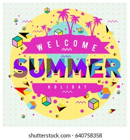 Trendy vector summer cards illustration with elements and abstract colorful textures. Design for holiday vacation poster, card, brochure, and promotion template. Fashion art print and background.