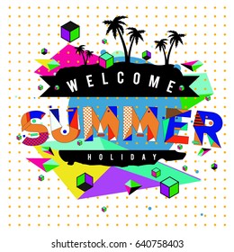 Trendy vector summer cards illustration with elements and abstract colorful textures. Design for holiday vacation poster, card, brochure, and promotion template. Fashion art print and background.