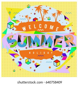 Trendy vector summer cards illustration with elements and abstract colorful textures. Design for holiday vacation poster, card, brochure, and promotion template. Fashion art print and background.