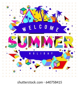 Trendy vector summer cards illustration with elements and abstract colorful textures. Design for holiday vacation poster, card, brochure, and promotion template. Fashion art print and background.