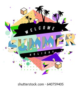 Trendy vector summer cards illustration with elements and abstract colorful textures. Design for holiday vacation poster, card, brochure, and promotion template. Fashion art print and background.