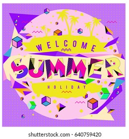 Trendy vector summer cards illustration with elements and abstract colorful textures. Design for holiday vacation poster, card, brochure, and promotion template. Fashion art print and background.