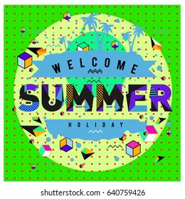 Trendy vector summer cards illustration with elements and abstract colorful textures. Design for holiday vacation poster, card, brochure, and promotion template. Fashion art print and background.