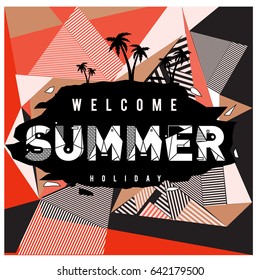 Trendy vector summer cards illustration with line elements and abstract colorful textures. Design for poster, card, invitation, brochure, and promotion template. Fashion art print and background.