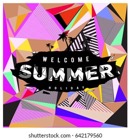 Trendy vector summer cards illustration with line elements and abstract colorful textures. Design for poster, card, invitation, brochure, and promotion template. Fashion art print and background.