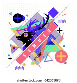 Trendy vector summer cards illustration with deer icon and abstract elements colorful textures. Design for poster, card, invitation, brochure, and promotion template. Fashion art print and background.