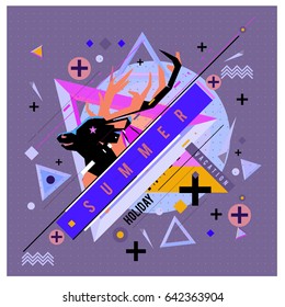 Trendy vector summer cards illustration with deer icon and abstract elements colorful textures. Design for poster, card, invitation, brochure, and promotion template. Fashion art print and background.
