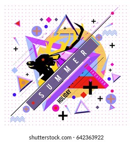 Trendy vector summer cards illustration with deer icon and abstract elements colorful textures. Design for poster, card, invitation, brochure, and promotion template. Fashion art print and background.