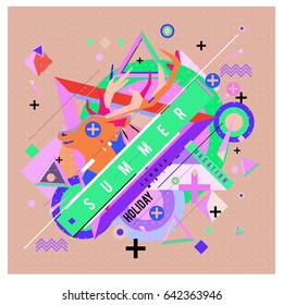 Trendy vector summer cards illustration with deer icon and abstract elements colorful textures. Design for poster, card, invitation, brochure, and promotion template. Fashion art print and background.
