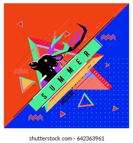 Trendy vector summer cards illustration with deer icon and abstract elements colorful textures. Design for poster, card, invitation, brochure, and promotion template. Fashion art print and background.