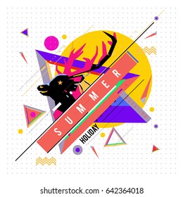 Trendy vector summer cards illustration with deer icon and abstract elements colorful textures. Design for poster, card, invitation, brochure, and promotion template. Fashion art print and background.