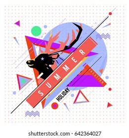 Trendy vector summer cards illustration with deer icon and abstract elements colorful textures. Design for poster, card, invitation, brochure, and promotion template. Fashion art print and background.