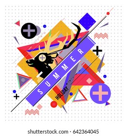Trendy vector summer cards illustration with deer icon and abstract elements colorful textures. Design for poster, card, invitation, brochure, and promotion template. Fashion art print and background.