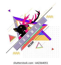 Trendy vector summer cards illustration with deer icon and abstract elements colorful textures. Design for poster, card, invitation, brochure, and promotion template. Fashion art print and background.