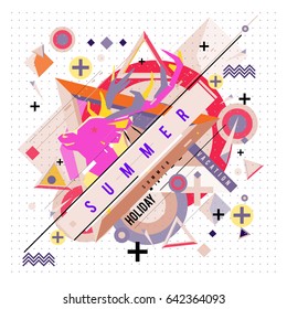 Trendy vector summer cards illustration with deer icon and abstract elements colorful textures. Design for poster, card, invitation, brochure, and promotion template. Fashion art print and background.
