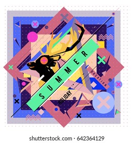 Trendy vector summer cards illustration with deer icon and abstract elements colorful textures. Design for poster, card, invitation, brochure, and promotion template. Fashion art print and background.