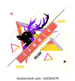 Trendy vector summer cards illustration with deer icon and abstract elements colorful textures. Design for poster, card, invitation, brochure, and promotion template. Fashion art print and background.