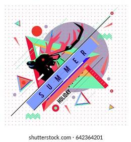 Trendy vector summer cards illustration with deer icon and abstract elements colorful textures. Design for poster, card, invitation, brochure, and promotion template. Fashion art print and background.