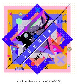 Trendy vector summer cards illustration with deer icon and abstract elements colorful textures. Design for poster, card, invitation, brochure, and promotion template. Fashion art print and background.