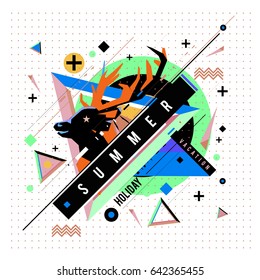 Trendy vector summer cards illustration with deer icon and abstract elements colorful textures. Design for poster, card, invitation, brochure, and promotion template. Fashion art print and background.