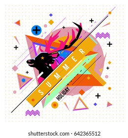 Trendy vector summer cards illustration with deer icon and abstract elements colorful textures. Design for poster, card, invitation, brochure, and promotion template. Fashion art print and background.