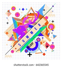 Trendy vector summer cards illustration with deer icon and abstract elements colorful textures. Design for poster, card, invitation, brochure, and promotion template. Fashion art print and background.