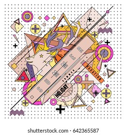Trendy vector summer cards illustration with deer icon and abstract elements colorful textures. Design for poster, card, invitation, brochure, and promotion template. Fashion art print and background.
